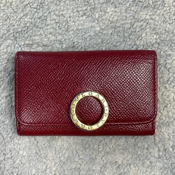 Bvlgari Red Pebbled Leather Compact Key Holder Designer Luxury - Picture 1 of 16